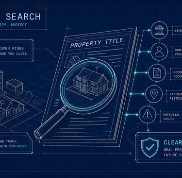 A blue digital property title search infographic showing real estate verification icons and a magnifying glass over house