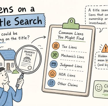 An infographic explaining common property liens on a title search, including tax, mechanic, and HOA liens.
