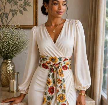 Woman wearing Blesseth4 handmade floral wrap obi belt with elegant dress, faith-inspired fashion acc