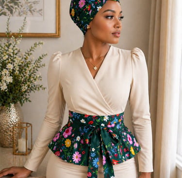 Woman wearing Blesseth4 handmade floral wrap obi belt with elegant dress, faith-inspired fashion acc