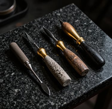 A dramatic close-up photograph of a professional artist's sculpting tools resting on a rough, dark granite surface. The scene is lit with strong chiaroscuro lighting, highlighting the metallic gold accents and the textures of the stone against deep black shadows. Sophisticated South American studio atmosphere.