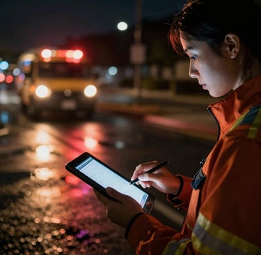 Close-up of a Paramedic using an app on a mobile phone at an emergency site.