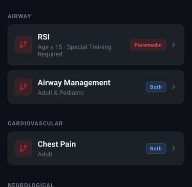 Example screen of protocols in Alpha Medic app.