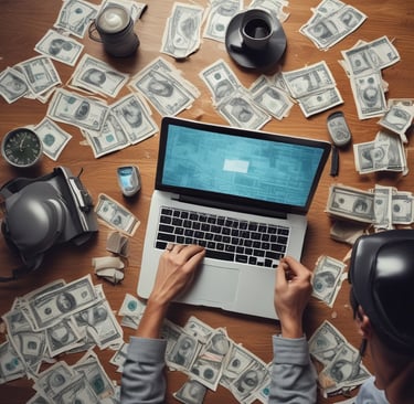 Close-up of hands typing on a laptop with financial charts on the screen.