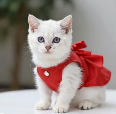 Un adorable gatito blanco de ojos azules que lleva un elegante vestido rojo con un lazo.