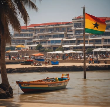 A vibrant modern apartment building in Sekondi-Takoradi with colorful Ghanaian-inspired accents.