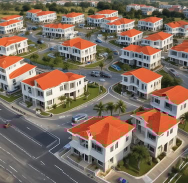 A sleek new condominium building with bold red, gold, and green accents reflecting Ghana’s flag.