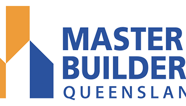 Master Builders Queensland logo featuring blue and orange geometric shapes for professional construction services.