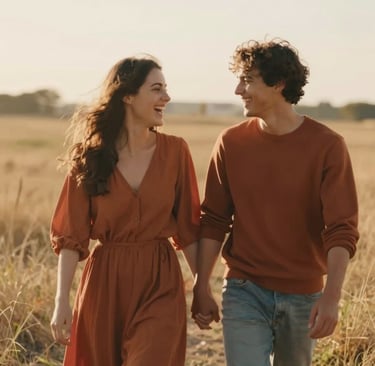 A cinematic, candid shot of a young couple laughing together in a sun-drenched field at golden hour. The lighting is warm and hazy, highlighting natural Soft Sand #F7F2EB textures in the grass and Terracotta #C06C4C tones in their clothing. Soft, authentic human connection.