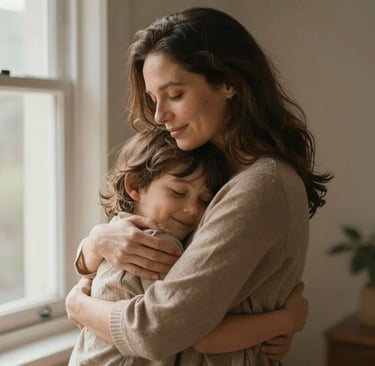 Heartfelt family photography showing a mother and child sharing a quiet, authentic hug against a sun-lit window. The atmosphere is warm and premium, with cinematic lighting and a palette featuring earthy #8C4C38 brown tones and soft, inviting shadows.