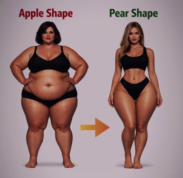 Comparison of apple vs pear body shapes showing fat distribution on female figures.