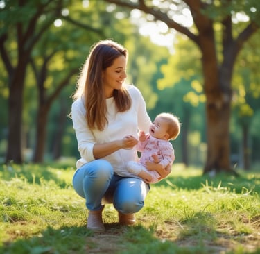 A mother tying her child's shoelaces on a park bench, both dressed in warm, layered streetwear.