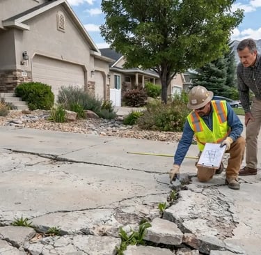 A concrete contractor explaining concrete driveway damage to a homeonwner at West Valley City, UT