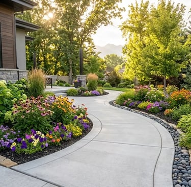 Custom curved concrete backyard walkway and garden path in Utah