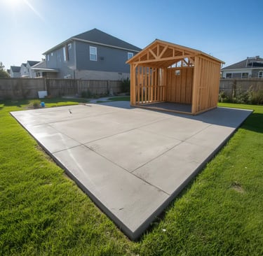 Fresh concrete shed and workshop slab installation in West Valley City, Utah.