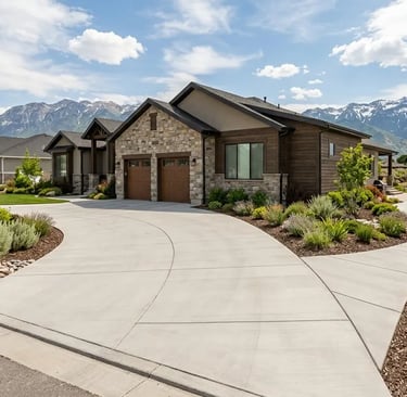 beautifully landscaped suburban home in Utah with concrete driveway and sidewalk