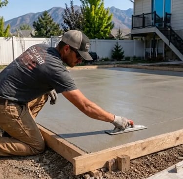 Local concrete contractor pouring and finishing a reinforced concrete patio slab in West Valley City, UT.