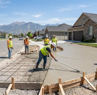 Concrete installation process - crew pouring and finishing a residential driveway in Utah.