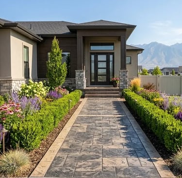 Custom stamped concrete front entry walkway with slate pattern in West Valley City, Utah.