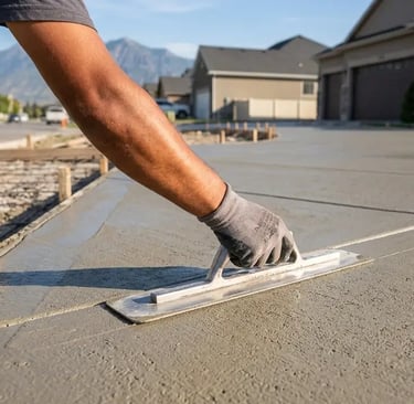 Professional concrete finishing and troweling during slab installation in West Valley City