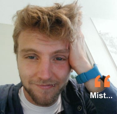 A blonde man with messy hair and a blue wristband leaning his head on his hand with a quote overlay.