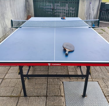 Mesa de ténis de mesa TOPGIM Training com raquete e rede — vista frontal em exterior