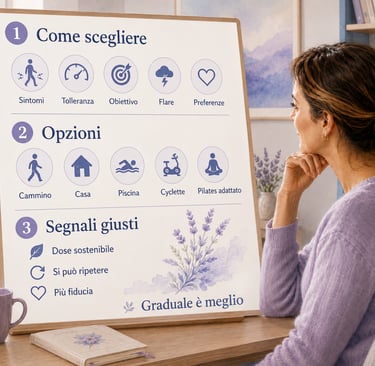 Donna con fibromialgia osserva una lavagna su attività fisica e movimento graduale