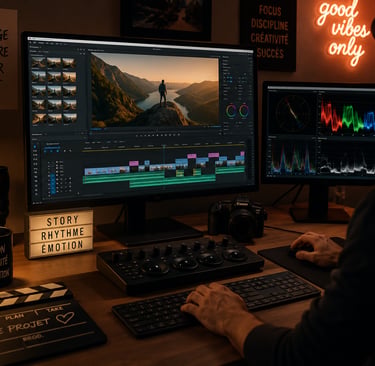 Un homme assis a sont bureau en train de faire du montage vidéos