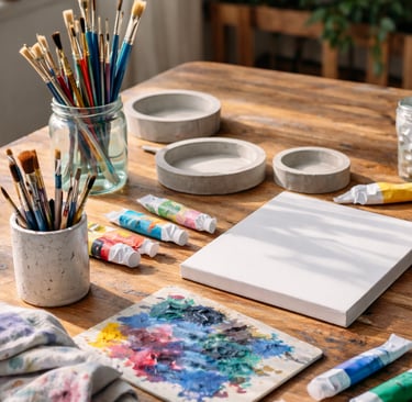  Estudio de artista preparado con pinceles, tubos de aceite y un lienzo en blanco sobre una mesa 