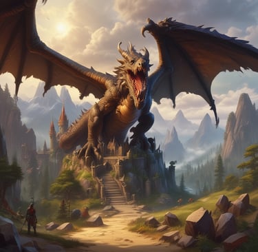 An enchanted forest scene with mystical creatures and soft light beams.