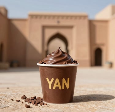 A smiling customer enjoying a piece of rich, glossy chocolate in a cozy setting.