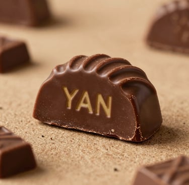 A smiling customer enjoying a piece of rich, glossy chocolate in a cozy setting.