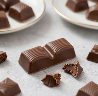 A smiling customer enjoying a piece of rich, glossy chocolate in a cozy setting.