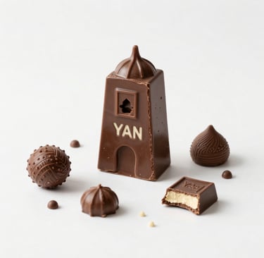 A smiling customer enjoying a piece of rich, glossy chocolate in a cozy setting.