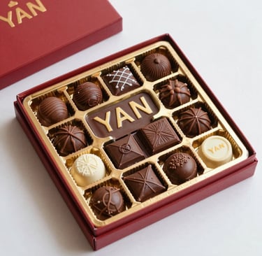 A smiling customer enjoying a piece of rich, glossy chocolate in a cozy setting.