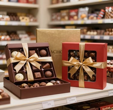 Rich, glossy chocolate bars stacked with visible cocoa beans and natural ingredients.