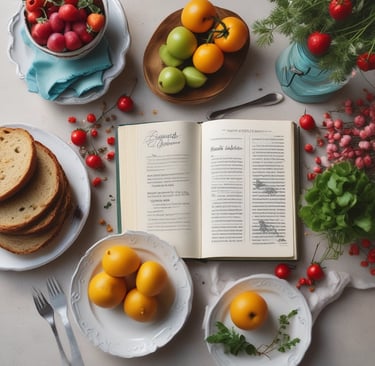 Close-up of fresh ingredients arranged neatly next to a printed digital cookbook page.