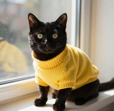 Un gato negro de ojos verdes, que lleva un cómodo jersey de punto amarillo, está sentado
