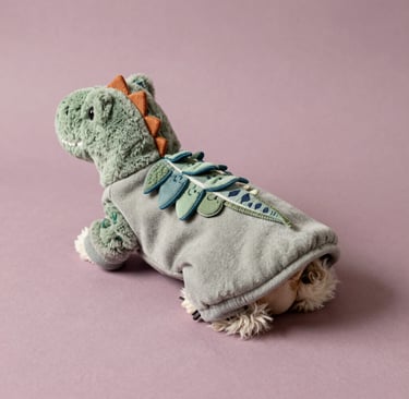 Un perrito con un disfraz de dinosaurio de peluche verde con escamas de tela sobre un fondo morado.