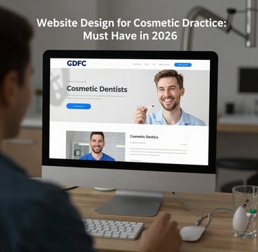 A sleek laptop displaying a vibrant, modern website design with blue and green gradient accents on a clean white desk.