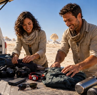 A smiling couple packs hiking gear and travel accessories into an SUV for a desert adventure trip.