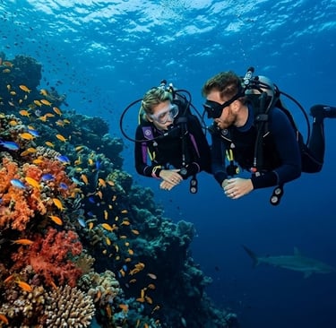 Two scuba divers explore a vibrant coral reef of Elphinstone Reef. 