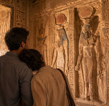 A couple admires ancient Egyptian hieroglyphics and deity carvings inside a historic temple.