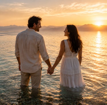 A romantic couple holding hands while standing in the ocean at sunset on a tropical beach.