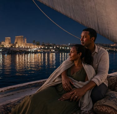 A couple sits on a traditional Egyptian felucca boat at night, overlooking the illuminated Nile River and Luxor Temple.