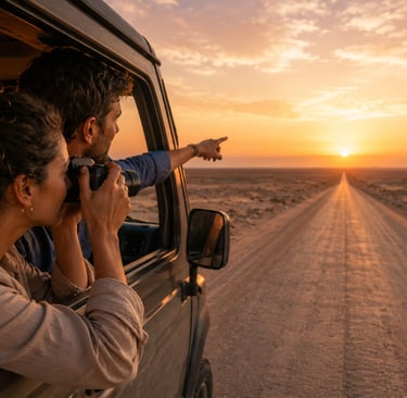 Couple on a desert safari taking photos of a scenic sunset from their 4x4 vehicle.