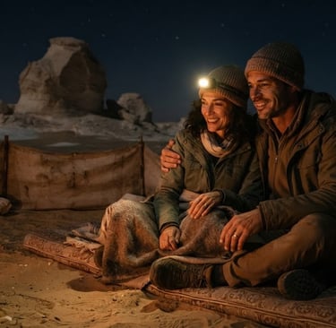 A happy couple camping in the desert at night, sitting by a campfire under a starry sky.