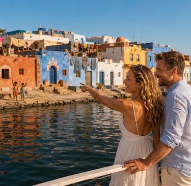 A smiling couple on a boat looks at the colorful Nubian village houses along the Nile River in Egypt.