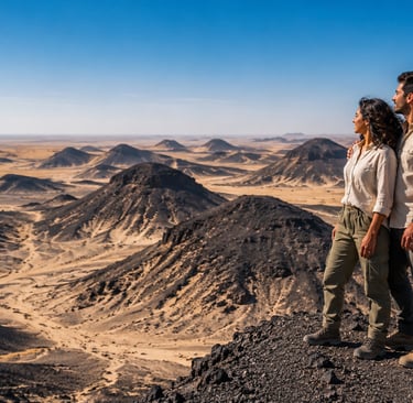 A couple stands on a dark rocky peak overlooking a vast desert landscape with volcanic hills.