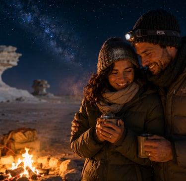 A smiling couple camping by a desert bonfire under a starry Milky Way sky with white rock formations.